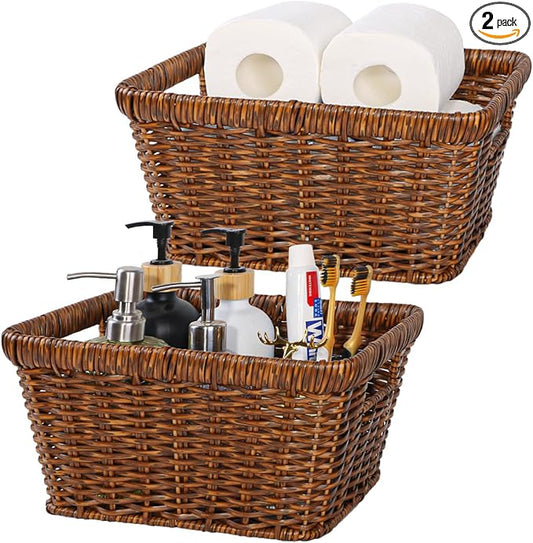 2pcs Wicker Storage Basket for Shelf, Waterproof Large Storage Baskets Bins with Handles, Stackable Rectangle Baskets for Shelves, Closet, Pantry, Laundry Organizing, Toffee