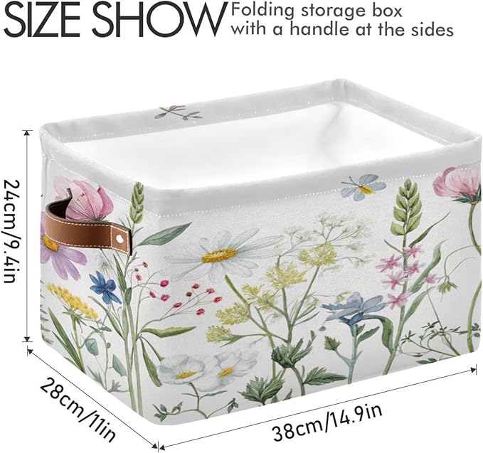 xigua Storage Basket Elegant Wildflowers Storage Bin with Handle, Large Storage Cube Collapsible for Shelves Closet Bedroom Living Room 2PCS