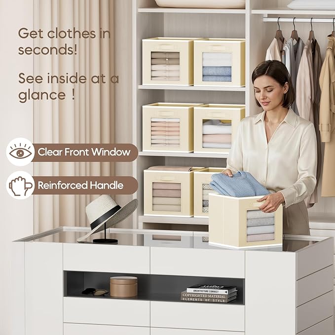 Foldable Storage Cubes - Square Organizer with Window, Decorative Baskets for Organizing, Fabric shelf Basket for Clothes, 11 Inch Closet Storage Cubes, Set of 16, Beige