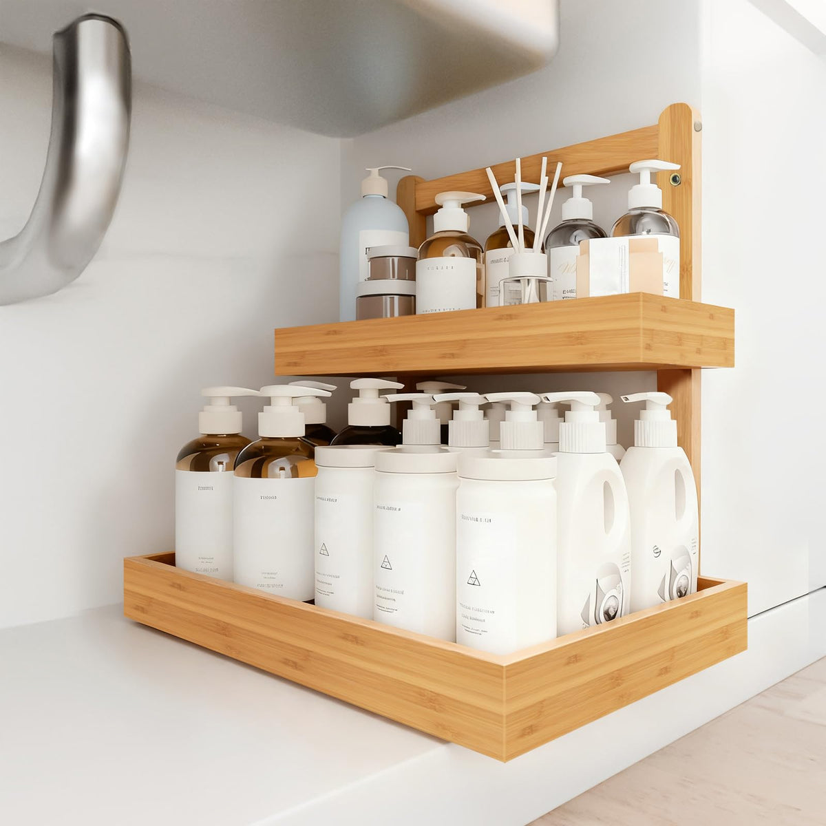 2-Tier Under Sink Pull Out Organizer, Bamboo Cabinet Storage - Image 1