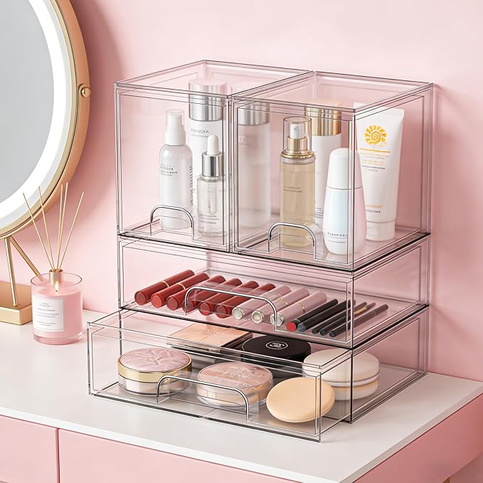 TOOGE Stackable Baby Bottle Organizer: Acrylic Bottle Organizer Baby Storage Drawers Clear Bottle Station Organization for Countertop Cabinet Vanity with 4 in 1 Cup Lid Cleaning Brush & Label - Wide