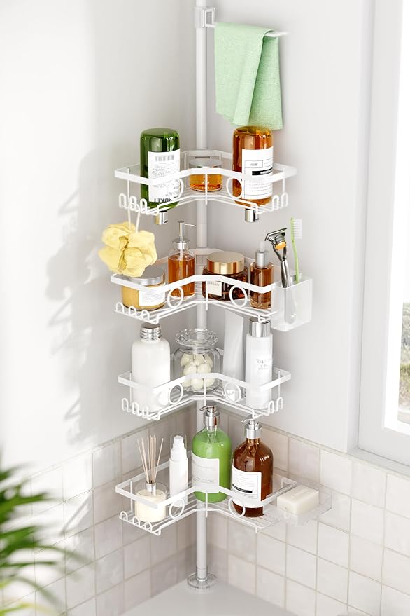 Corner Shower Caddy Tension Pole, 4 Tier Rustproof Shower Tension Rod Organizer with Soap Holder & Hooks, Adjustable 30-121 Inch Bathroom Shelf for Renters - Family Stand Storage Rack, White