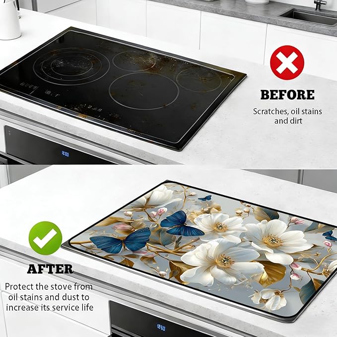 Glass Stove Top Covers for Electric Stove, Heat Resistant Counter Protector Mat, Non Slip Waterproof Surface Cover for Kitchen Counter and Cooktop (White Flowers, 28"L x 20"W)