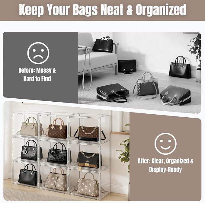 6 Pack Clear Acrylic Purse Organizer for Closet, Stackable Handbag Storage Boxes with Magnetic Doors, Dustproof Display Cases for Bags, Shoes & Collectibles