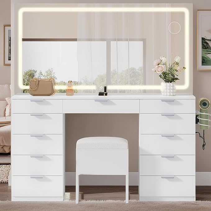 YITAHOME 46" Vanity Table with LED Lighted Mirror, Makeup Desk with 11 Drawers, Cushioned Storage Stool, Vanity Set with Power Outlet & Magnifying Mirror