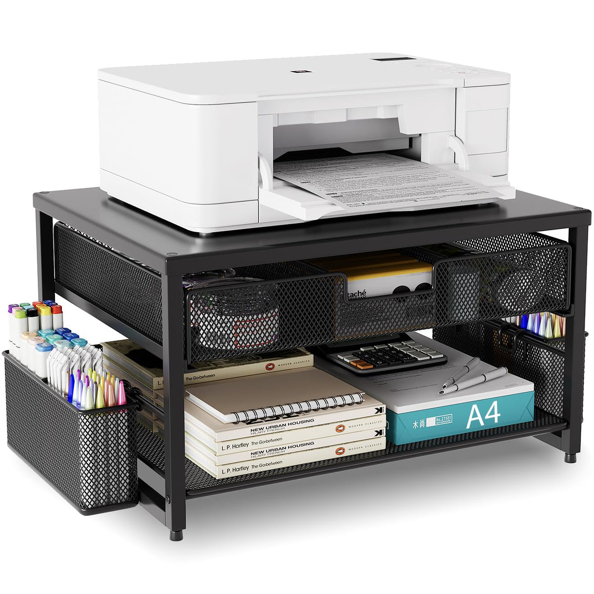 Metal Desktop Printer Stand with Storage Drawer & 2 Pen - Image 1