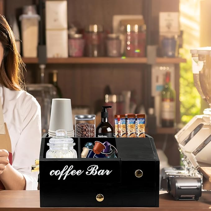 Coffee Station Organizer - Farmhouse Wood Kcup Holder for Counter, Countertop Snack Organizer with Hanging Handles, Suitable for Snacks, Coffee Capsules, Syrups and Various Accessories(Black)