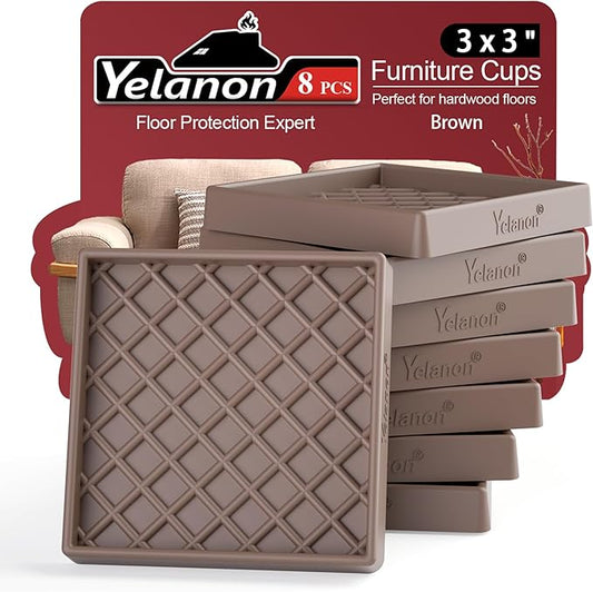 Furniture Coasters - 8 Pcs 3” Square Furniture Caster Cups Non Slip Pads Hardwoods Floors Non Skid Furniture Grippers Rubber Grid Feet Anti Slide Floor Protector for Bed Couch Stoppers Brown