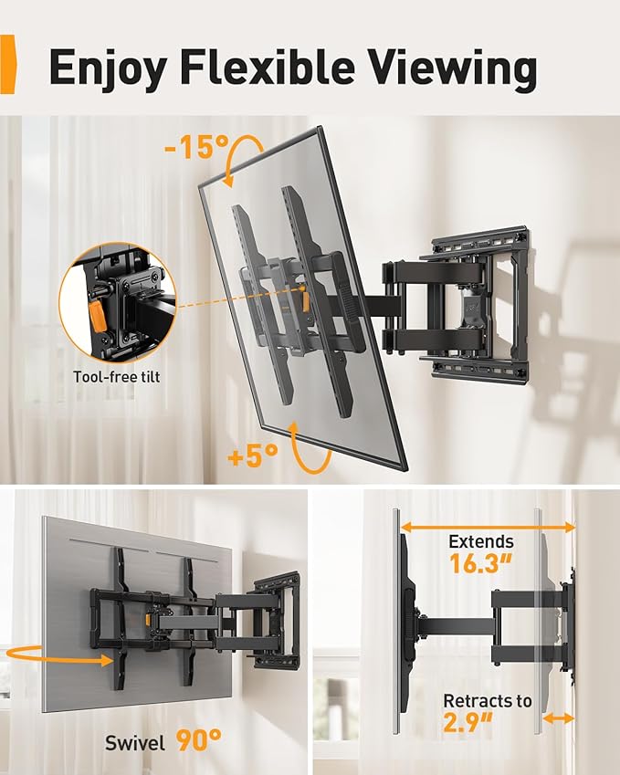 Perlegear UL-Listed Full Motion TV Wall Mount for 42–97 Inch Flat Curved TVs up to 132 lbs, 12″/16″ Wood Studs, TV Mount Bracket with Tool-Free Tilt, Swivel, Extension, Max VESA 600 x 400mm, PGLF15