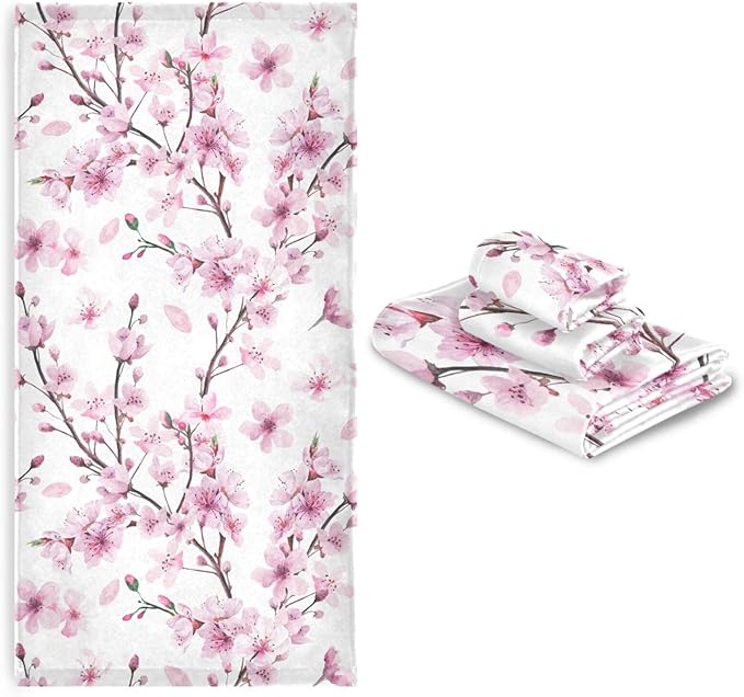 Pfrewn Cherry Blossoms Flowes Towels Set of 3 Watercolor Pink Floral Sakura Branch Bathroom Towel Soft Absorbent Bath Hand Towels Washcloth Guest Towel Sets Bathroom Decorations