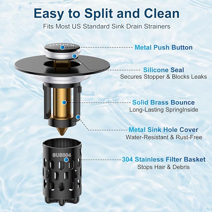 Bathroom Sink Stopper,All Metal Pop-Up Sink Drain Strainer with Removable Stainless Steel Filter Basket, Universal Bathroom Hair Catcher Fit for 1.1-2.36'' Drain (Black, 1 Pack)