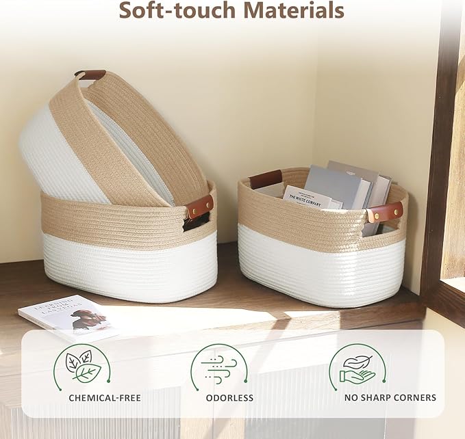 Cotton Rope Storage Baskets, 15x10x9 in, Rectangular, White/Beige-1Pack, Modern, Easy To Use, Foldable, Laundry, Storage, Decoration