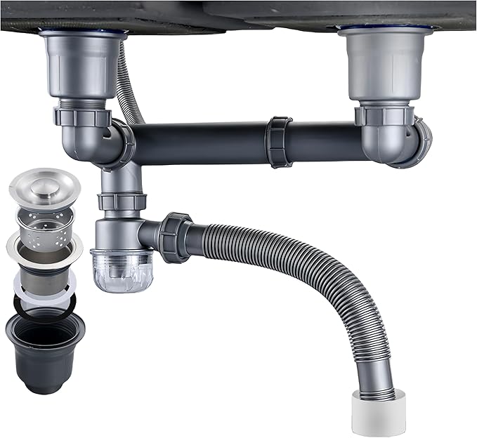 Double Sink Drain Kit Space Saving Kitchen Sink Drain Kit Expandable Flexible 1 1/2" P-Trap Pipe 3-1/2 Inch Sink Drain Assembly Kit with 4-Way Fitting Adapter for Dishwasher