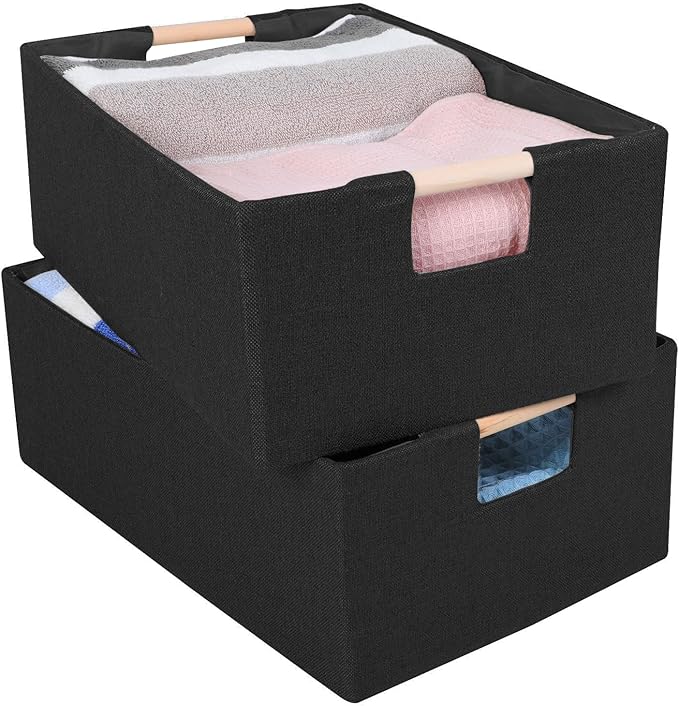 ANMINY 2PCS Storage Baskets for Organizing Collapsible Fabric Storage Bins Boxes with Wood Handles Closet Shelves Cube Organizer Bins Clothes Laundry Storage Container - Medium, Black