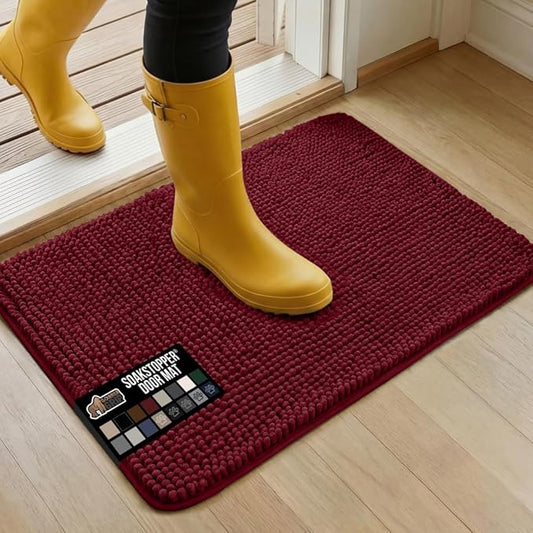 GORILLA GRIP SoakSTOPPER Dog Door Mat, Machine Washable Rug Absorbent Doormat Captures Moisture Mud Dirt, Quick Dry Soft Chenille Entryway Rugs Indoor Entrance Mats for Dog Paws, 24x17 Burgundy