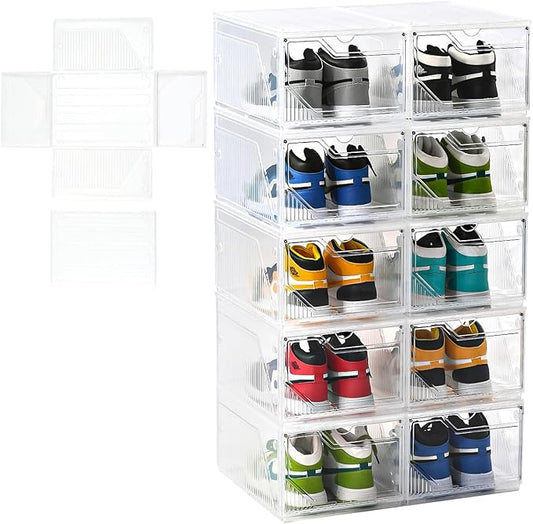 Large Shoe Boxes Clear Plastic Stackable，Drop Front Shoe Box with Clear Door, Shoe Containers For Sneaker Display,Fit up to US Size12 (white clear-Conjoined structure, 10 pack)