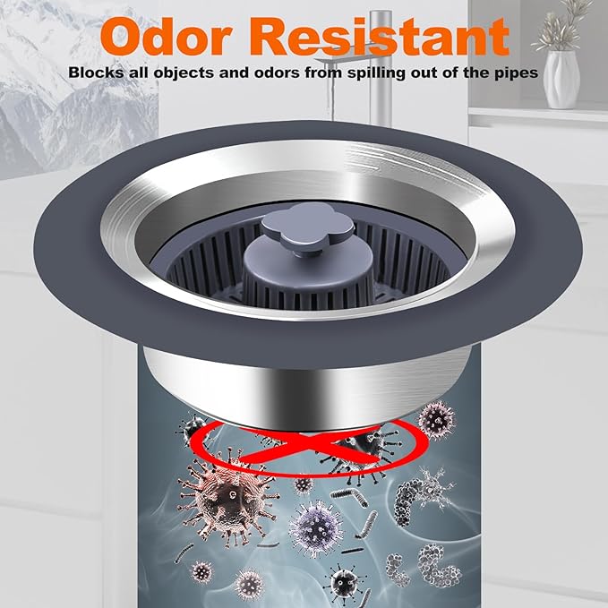 3 in 1 Kitchen Sink Stopper with Strainer Basket, Stainless Steel Anti-Clogging Drain Plug for US Standard 3-1/2" Sink