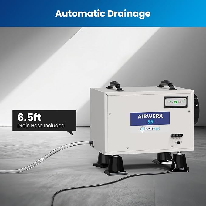 BaseAire Crawl Space Dehumidifier,113 Pint Dehumidifiers with Drain Hose for Basement, Commercial, Industrial, Portable, Auto Defrost, Memory Starting