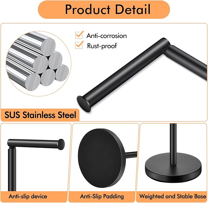 DAWNER 24" Black Toilet Paper Holder Free Standing, Stainless Steel Rustproof Toilet Paper Stand with Storage, Stable Heavy Weighted Flat Base for Apartment, Bathroom, Kitchen, Matte Black Finish