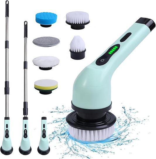 Cordless Electric Spin Scrubber, 9 Replacement Cleaning Heads IPX6 Dual Cleaning Brush with Extension Arm for Bathroom Bathtub Grout Tile Floor (6