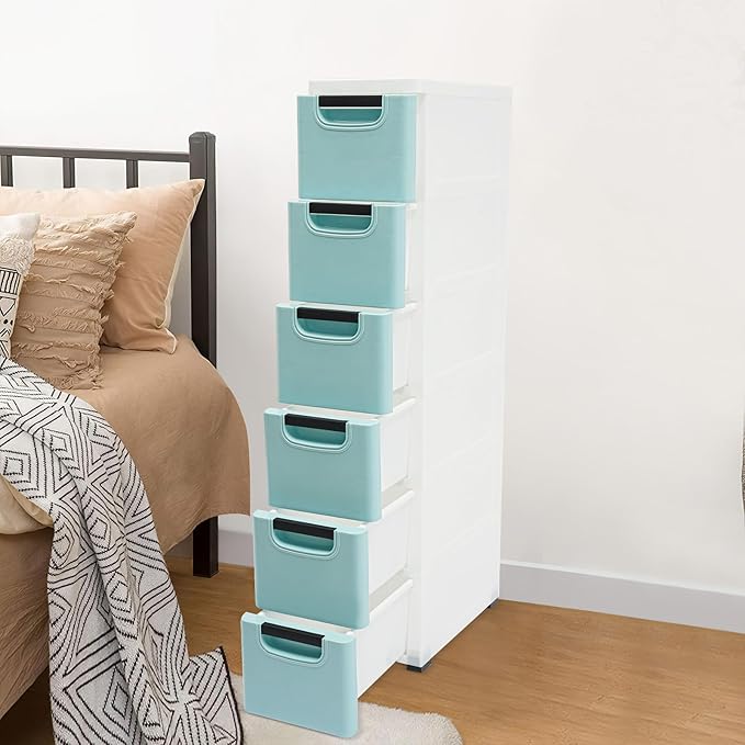 6 Drawers Storage Cart Rolling Storage Drawer Cart Narrow Plastic Dresser Rolling Organizer Cart Storage Unit on Wheels Bathroom Art Craft Supplies Mobile Slim Utility (Blue)
