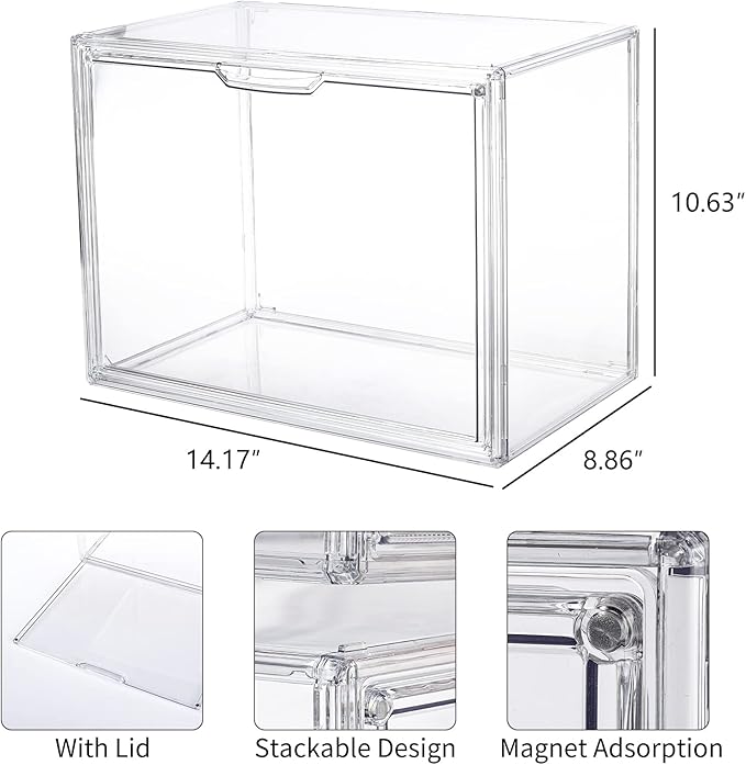 FABROK Clear Book Storage Organizer Box, Plastic Stackable Book Display Case with Magnetic Door, Assemble Storage Showcase for Toy Dolls, Books, Handbags, Shoes Organizing
