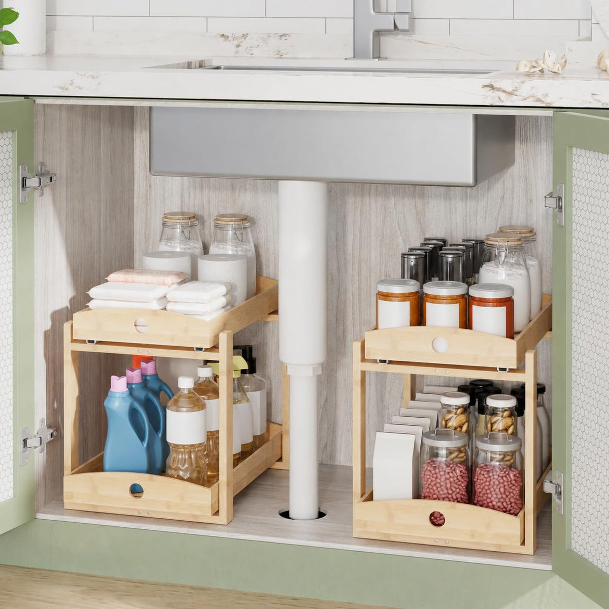 Bamboo Under Sink Organizer 2 Tier Pull Out Cabinet Storage - Image 1