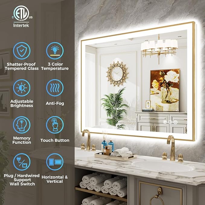 55x30 Inch LED Bathroom Mirror with Lights (Front Lit and Backlit) Gold Framed Lighted Vanity Mirror for Bathroom Wall Dimmable Anti-Fog Memory Tempered Glass Horizontal/Vertical