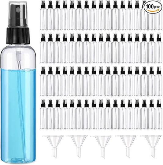 Layhit 100 Pcs 4 oz Small Spray Bottles Bulk, 120ml Clear Plastic Spray with 5 Pcs Small Funnels Mini Empty Fine Mist Bottles for Essential Oils Travel Perfumes