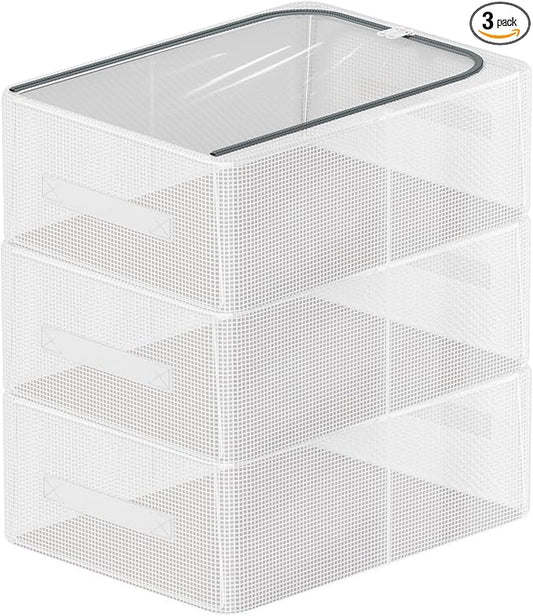 Stackable Shoe Boxes with Clear Lids, 15.8-Inch Boot Storage Bins with Handles for Bedroom Dormitory Under-Bed (3 Pack, 19Qt, 15.8x11.8x6in)