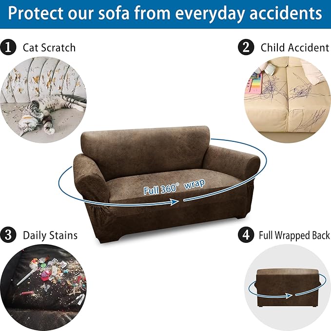 Loveseat Sofa Slipcover Leather Look Couch Covers for 2 Seater Couch Sofa 1-Piece Sofa Cover Stretch Furniture Protector with Elastic Bottom & Pockets(Loveseat, Light Brown)