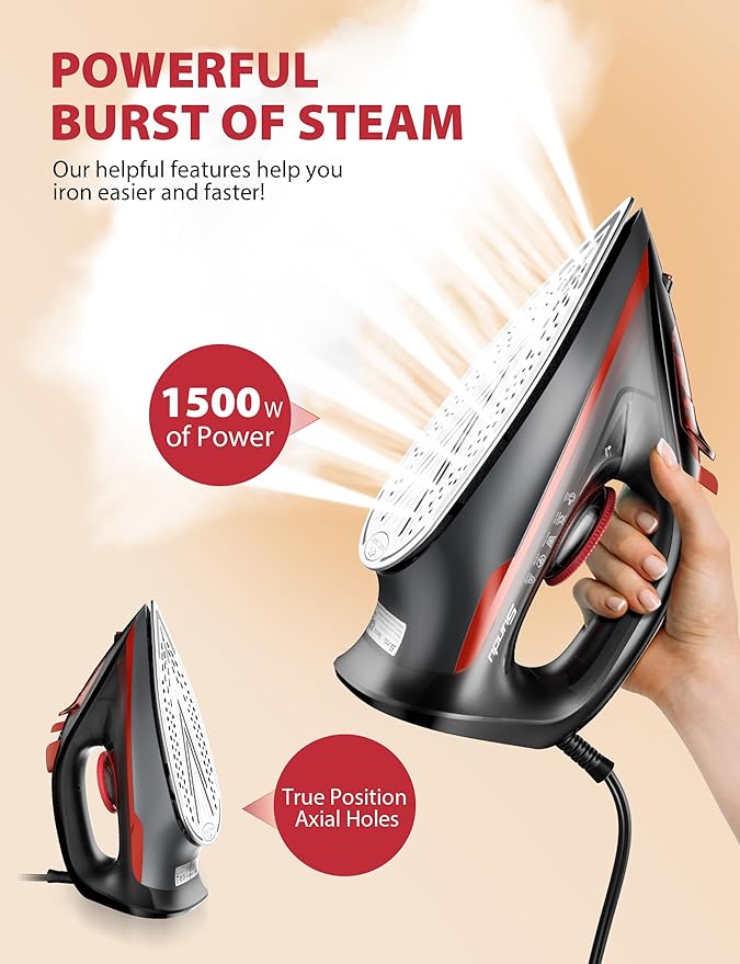 Steam Iron for Clothes, 3-Way Auto Shutoff, Ceramic-Coated Soleplate with Burst Steam, Anti-Drip and Anti-Calc, Self-Cleaning, 1500W Powerful for Home Use