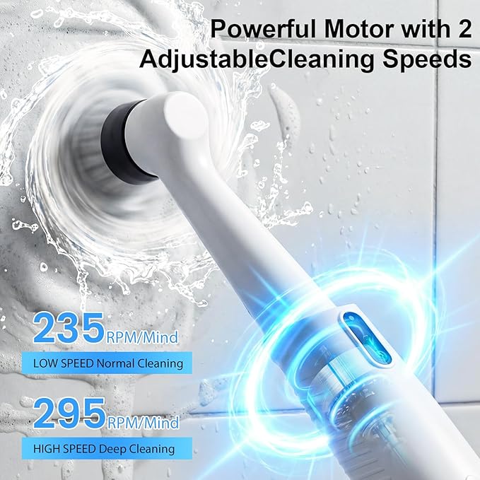Electric Spin Scrubber-Waterproof Rechargeable with LED Light,5 Multi-Purpose Brush Heads for Deep Cleaning Grout, Tile, Bathroom, Kitchen, Sink, Shower, Tub, Corners & Tight Spaces
