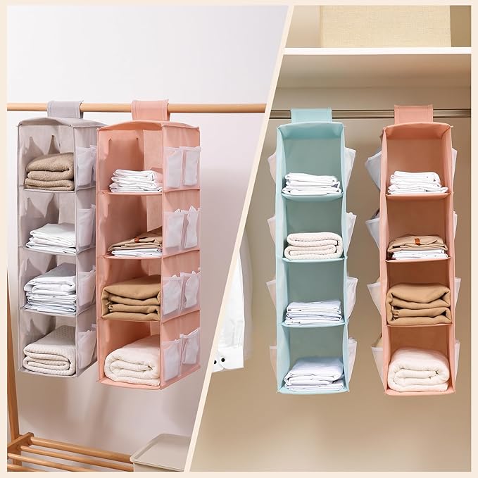 Hanging Closet Organizer, 4-Section Storage Shelves, Oxford Cloth with Mesh Pockets, (Pink, 4 Section)