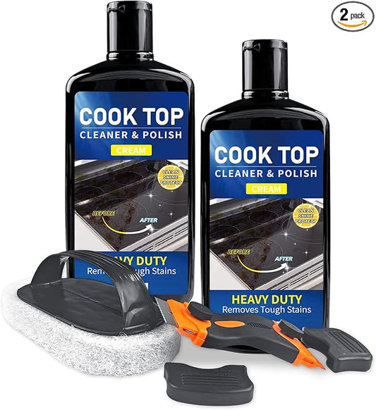 Cooktop Cleaner Kit,35 oz Glass Top Stove Cleaner and Polish,Stove Top Cleaner Kit with Scraper,Scrubbing Pad,Removes Tough Stains