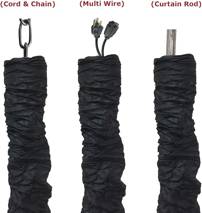 Royal Designs, Inc. Cord & Chain Cover 4 ft Silk Type Fabric, Chandelier Pendant Lighting Chain & Cable Management, Touch Fastener, Black - 6 Pack