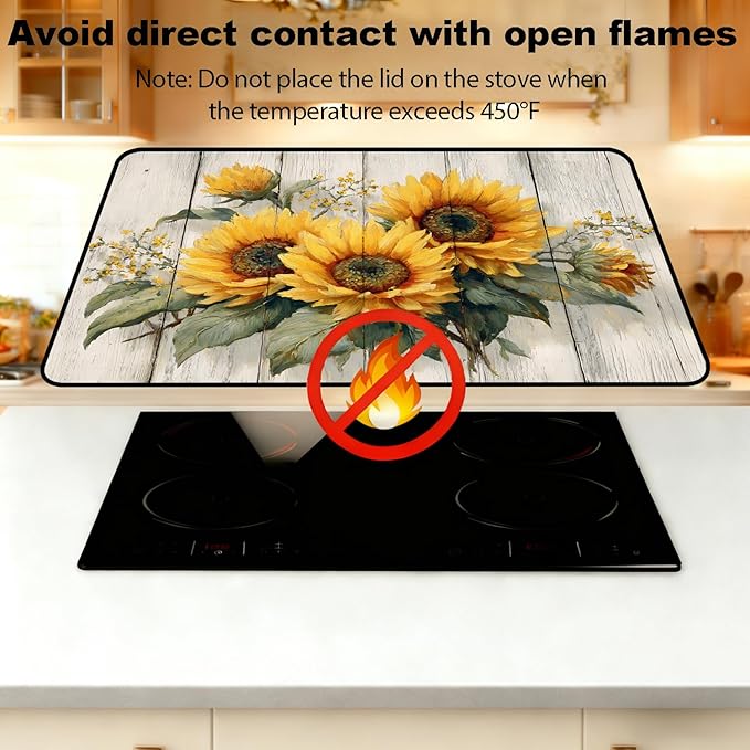Glass Stove Top Covers for Electric Stove, Heat Resistant Counter Protector Mat, Non Slip Waterproof Surface Cover for Kitchen Counter and Cooktop (Rustic Sunflowers, 28"L x 20"W)
