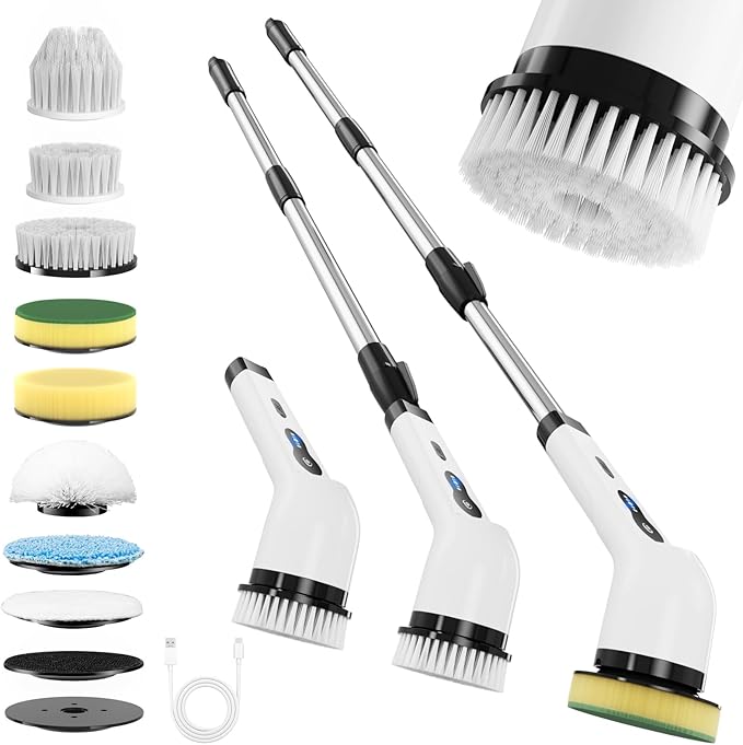 Electric Spin Scrubber, Powered Household Cleaning Brush with 8 Heads & 2 Modes- 52in Extendable Electric Shower Scrubber Deep Cleaner for Bathroom Bathtub Sink Bathroom, IPX7