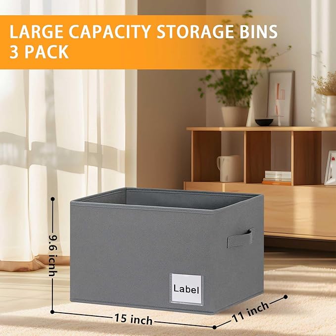 Large Fabric Storage Baskets for Shelves 3 Pack, 15x11in Closet Storage Bins for Shelves, Cloth Baskets for Organizing, Linen Closet Organizers, Grey