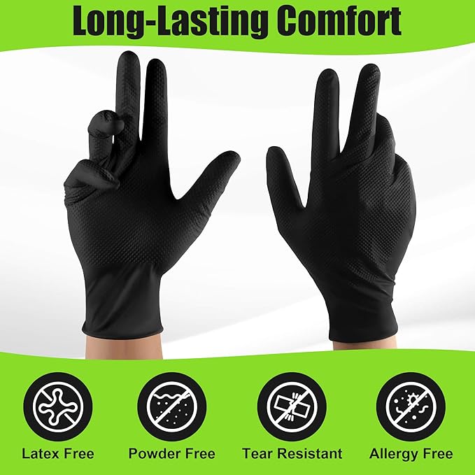 TREEGO 10 Mil Black Nitrile Gloves Bulk Case, 1000 Count Large — Heavy Duty Diamond Texture, Latex Free Disposable Gloves for Shop Teams, Mechanics, Industrial & Maintenance Workflows