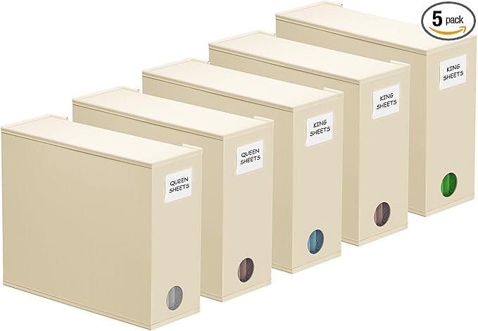 SpaceAid 5 Pack Bed Sheet Organizers and Storage, Foldable Sheet Organizer for Linen Closet, Sheets Set Folder Keeper with Window XL (Queen & King Size) Organizing Bedding Container, Beige