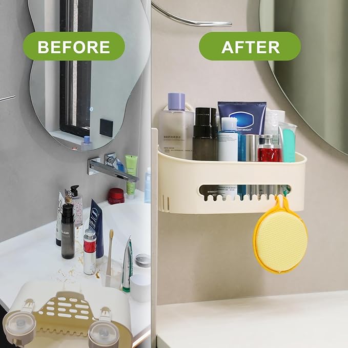 suntree Suction Cup Shower Caddy - Strong Hold, Holds 22lb, No Drill Needed, Waterproof Bathroom Shelf Organizer for Shampoo Bottles, Cream White