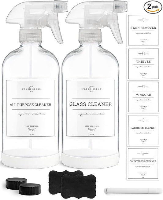 Vine Creations Glass Spray Bottles, 2 Pack Refillable Spray Bottles for Cleaning Solutions, Clear Spray Bottle for plants, Water Spray Bottle Sprayer, Glass Spray bottles 16 oz with Waterproof Labels