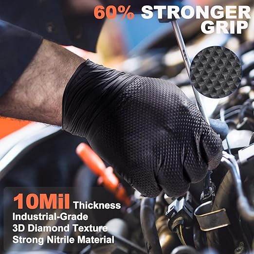 10mil Nitrile-Gloves Disposable - Chemical-Resistant Rubber - Mechanic Gloves Heavy Duty, Latex Free, Diamond Grip (1000,Black Large)