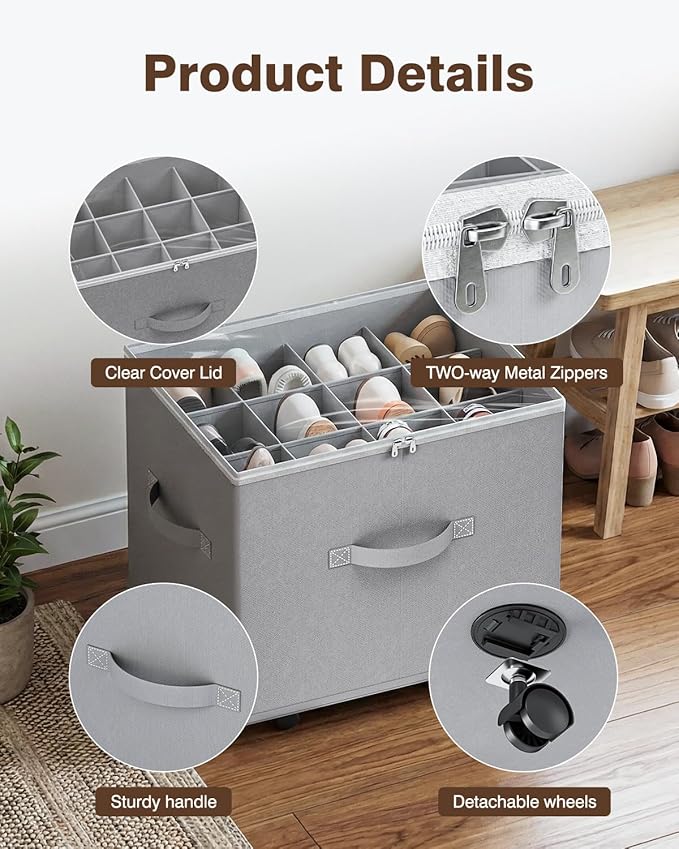 HOUSE AGAIN Shoe Organizer for Closet, Shoe Storage Organizer with Wheels, Foldable Shoe Storage Box with Adjustable Dividers and Clear Cover, Reinforced Handles, Fits up to 16 Pairs, Gray