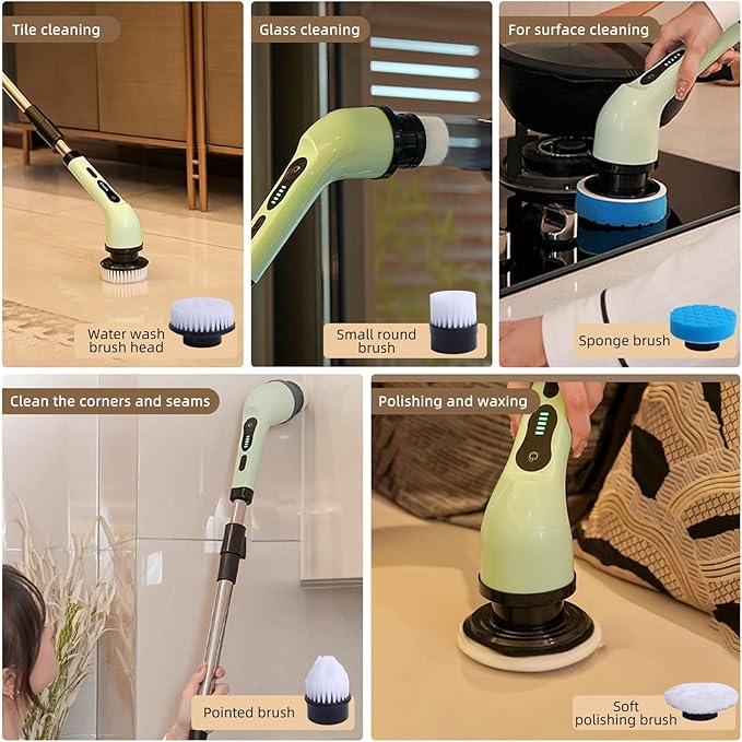 Cordless Spin Scrubber, IPX6 Rated Electric Cleaning Brush w9 Heads and Extension Arm for Bathroom, Tile, Kitchen - Green ABS (6 Replaceable Brush Head)