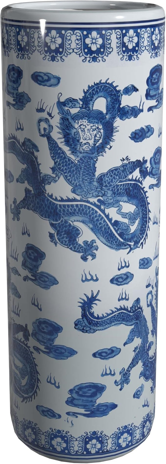 Red Lantern 24" Dragon Blue & White Porcelain Umbrella Stand for Indoor/Outdoor Use in Garden Entryway Living Room Boho Eclectic Modern Contemporary Classic Traditional Style Decor