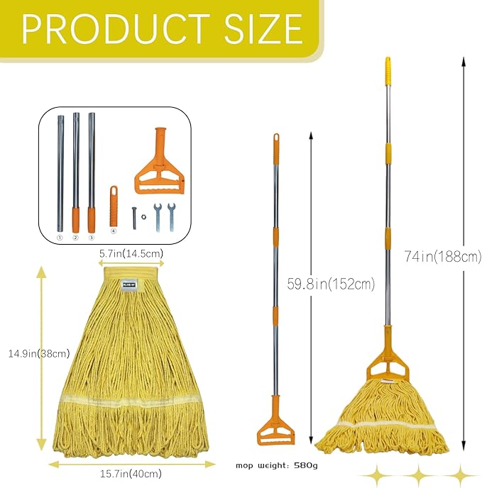 Commercial Cotton Mop Heavy-Duty Industrial with 2 Replacement Heads 152 cm Handle Replacement mop Head (Yellow)