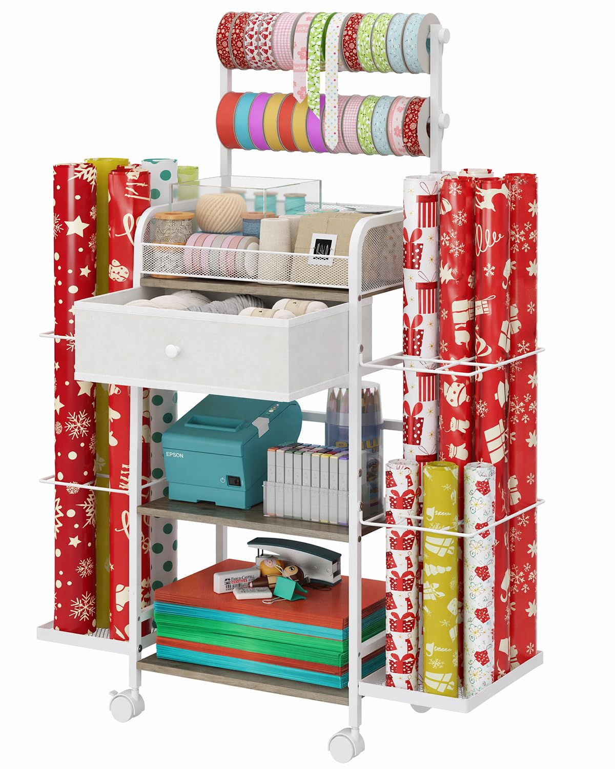 Rsaayekkt Rolling Wrapping Paper Storage Cart with Fabric - Image 1