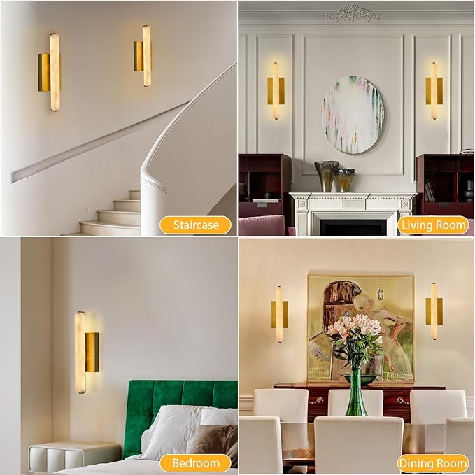 Alabaster Wall Sconces Set of Two, 15" Brass Alabaster Sconce, Spanish Natural Marble Bathroom Vanity Sconces, Rectangle Modern Sconces Lighting for Bedroom Living Room Staircases Hallway